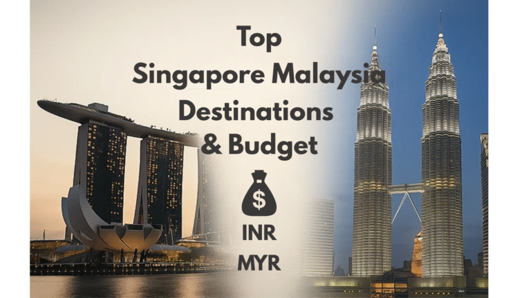 Singapore Malaysia destinations cost comparison showing Marina Bay Sands and Petronas Towers with budget expenses